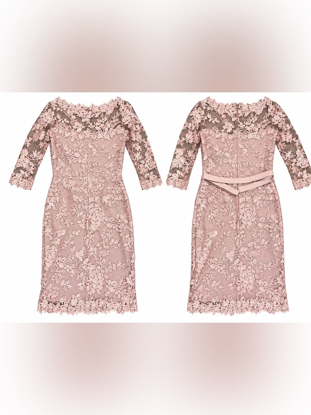 Tadashi Shoji Rose Pink Floral Lace Sheath Dress with Three-Quarter Sleeves